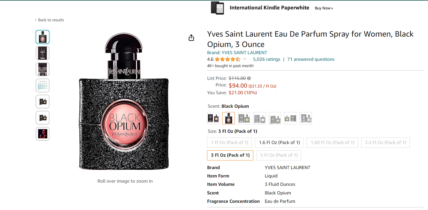 Best Designer Perfume: Black Opium - Yves Saint Laurent Eau De Parfum Spray for Women