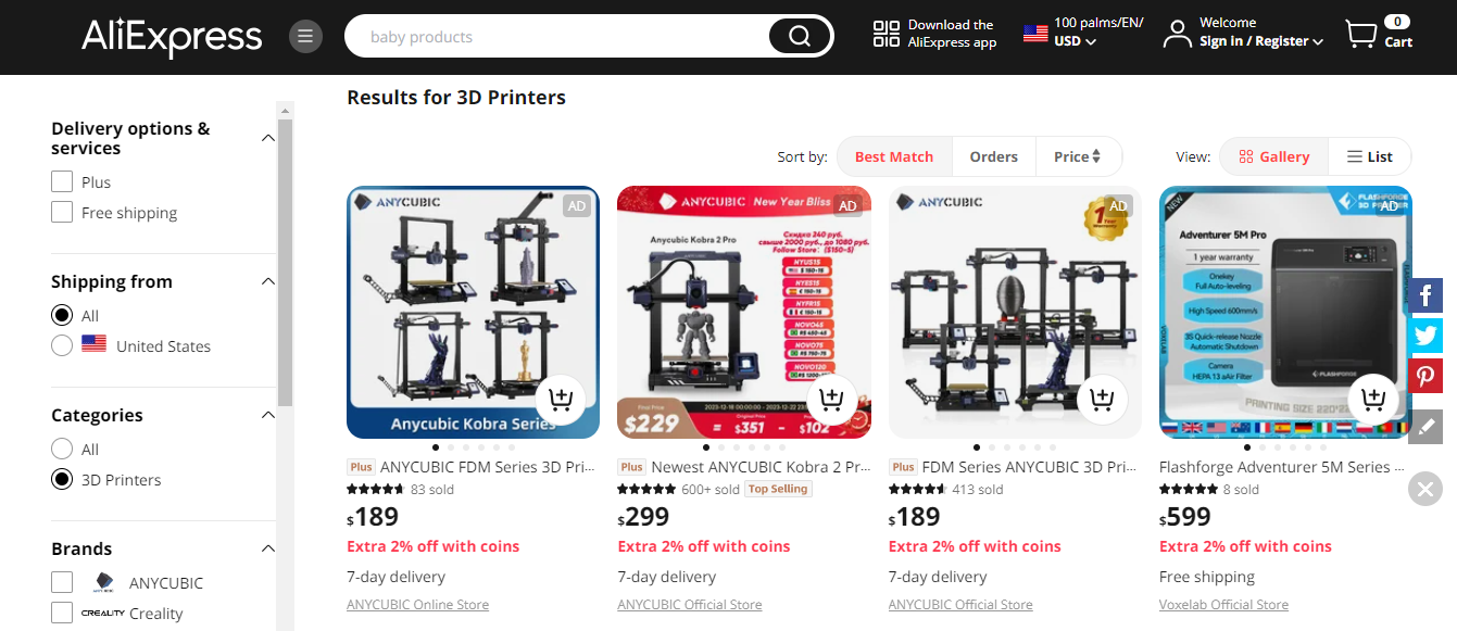 Best 3D Printer Dropshipping Suppliers: Ali Express