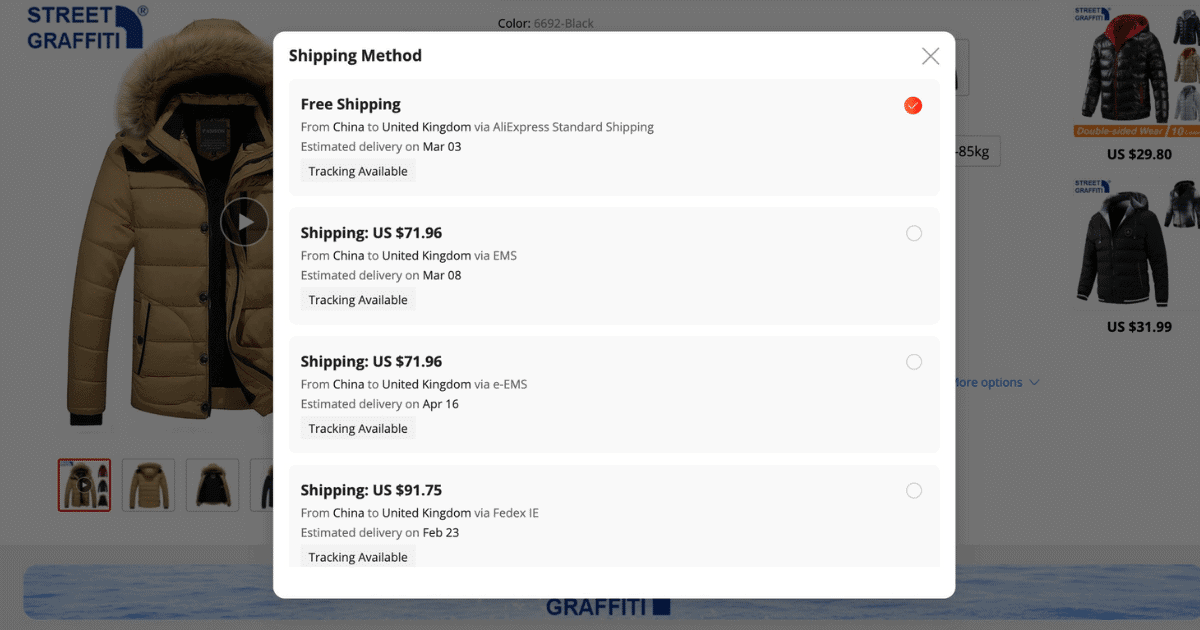 Shipping Methods available in AliExpress